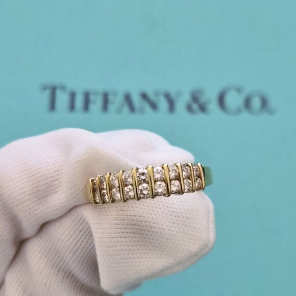RARE Vintage Tiffany & Co. Diamond Half Circle 2 Rows 18k Yellow Gold Ring Band - Picture 1 of 8